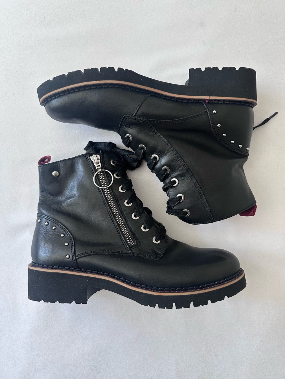 Pikolinos Leather Lace-Up Combat Boots with Side Zipper